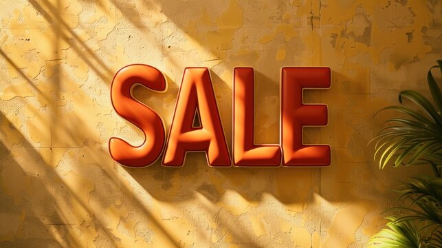 A vibrant sale sign catches the light, creating dynamic shadows on a yellow background