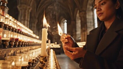 A woman thoughtfully lights a candle in a church, her face illuminated by the warm, flickering glow, surrounded by a multitude of other lit candles. 