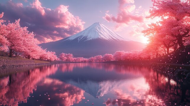 Cherry blossom trees surround a calm lake under a colorful sky at sunset - Powered by Adobe