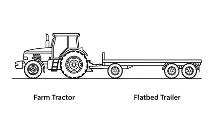 Simple line drawing of a farm tractor pulling a flatbed trailer