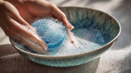 Hands Wash a Plate With a Sponge and Soap Bubbles in Warm Morning Sunlight Creating a Serene Kitchen Scene