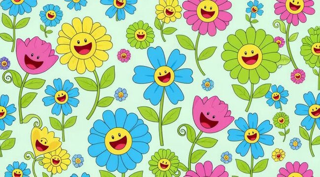Happy flower garden seamless pattern animation in cartoon style, bright colors, positive emotions,