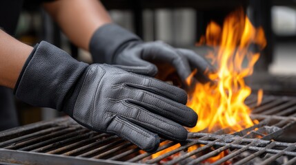A chef expertly flips steaks on a grill, flames rising, as smoke fills the air at an outdoor cooking event surrounded by friends
