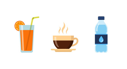 Refreshing beverages set: orange juice, hot coffee, and water bottle