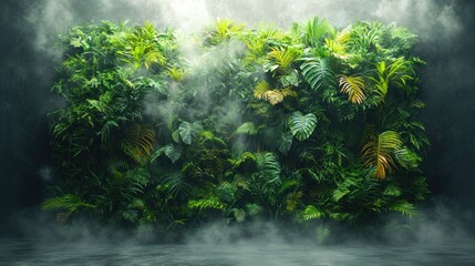 A vibrant wall of lush foliage in soft mist creates a calming space