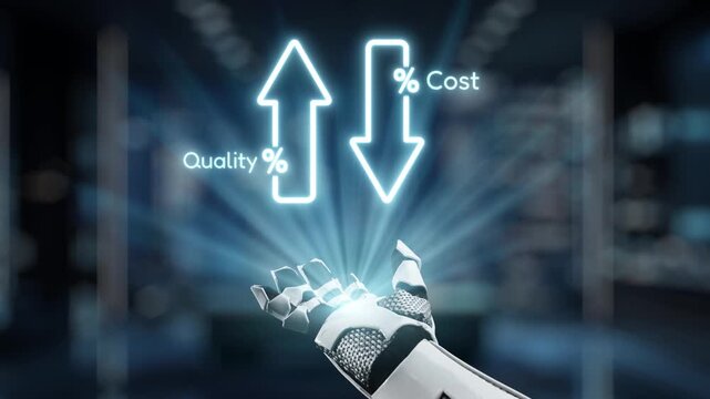A futuristic robot hand reaching out showcases floating metrics for quality and cost, symbolizing innovation and efficiency in modern business strategies and technology. Auvana
