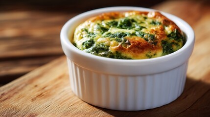 A delicious spinach souffle sits in a white ramekin. The dish showcases a golden, fluffy texture and rich green color. Ideal for a comforting meal or gourmet dining. AI