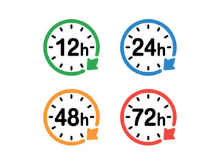 Four colored clock icons represent different time durations: 12 hours, 24 hours, 48 hours, and 72 hours, symbolizing time tracking and scheduling.