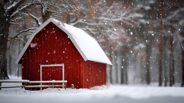 A cozy red house glows with warmth as snow blankets the landscape during a peaceful winter evening, creating a serene atmosphere
