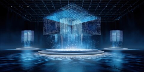 Futuristic digital exhibition space featuring illuminated holographic displays and a reflective floor, creating an immersive atmosphere for technology showcases and presentations