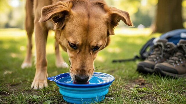Dog drinking water from portable bowl in park during summer day  
