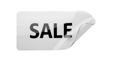 A white sticker with the word sale in bold black letters, peeling off at the corner, indicating a promotional event, isolated on transparent background