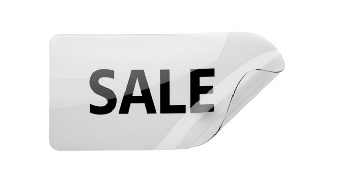 A white sticker with the word sale in bold black letters, peeling off at the corner, indicating a promotional event, isolated on transparent background - Powered by Adobe
