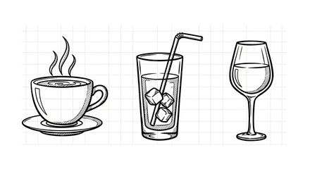 Outline sketch of coffee cup, juice with ice, and wine glass
