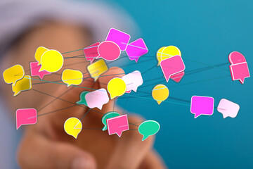 Digital speech bubbles connected in a network, symbolizing communication, social media, and online...
