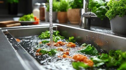 Water flows over fresh greens and vegetables in a sleek kitchen sink, creating splashes