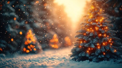 Twinkling lights adorn evergreen trees amid softly falling snow in the twilight