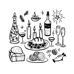 Christmas dinner doodle isolated on with wine and candles
