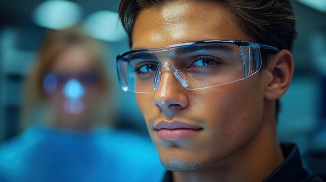 Young scientist analyzes data intently in a high tech lab at night