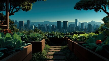 Fototapeta premium A beautiful rooftop garden filled with fresh vegetables offers a serene escape featuring lush greenery against a stunning city skyline, blending urban life with nature's bounty.