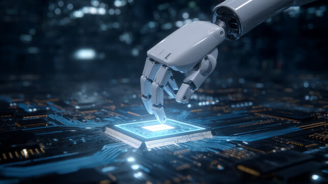 A robotic arm assembling microchips on a glowing circuit board conveyor