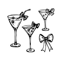 Set of cocktail glasses with bows isolated on