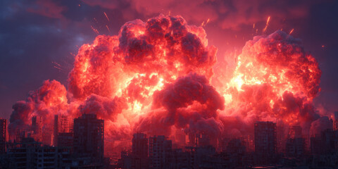 explosions erupt in city, with fiery clouds, glowing embers
