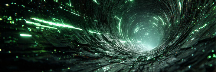 Glitchy futuristic tunnel made of data particles and neon light trails