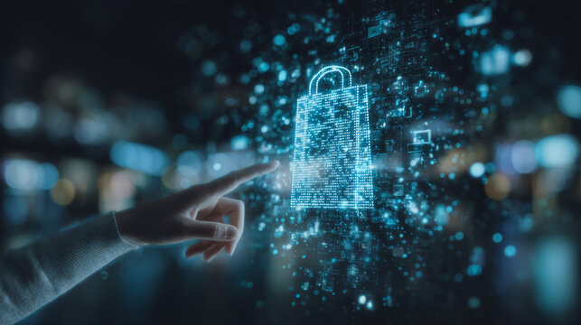 Businessman interacts with a virtual shopping cart icon in a futuristic digital interface, symbolizing online retail and ecommerce technology.