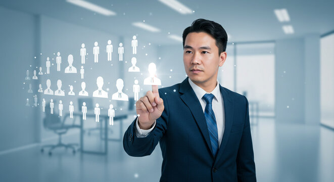Professional Asian businessman interacts with digital team members, selecting talent for future growth in a modern office setting, showcasing HR and recruitment strategies.