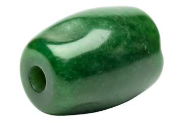 Green nephrite gemstone bead with a hole for jewelry making isolated on a transparent background