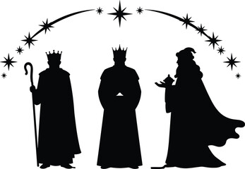 Three Wise Men silhouette, Magi illustration, Star of Bethlehem, nativity scene, Christian tradition, Christmas artwork, religious design, festive holiday vector
