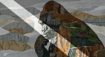 Conceptual art A pensive figure, textured with natural landscapes, illuminated by a profound light, evoking introspection and the deep harmony between humanity and Earth's spirit