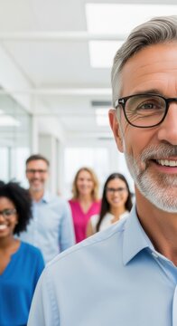 Group of diverse professionals smiling in a modern office during a team-building event in the afternoon