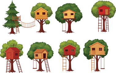 Treehouse illustration collection, wooden treehouse, kids playhouse, forest house, backyard treehouse, adventure hut, rope ladder, swing, balcony, gabled roof, outdoor play, childhood fun,