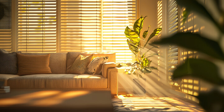 Warm beige living room with soft morning light filtering through window blinds, leaf shadows