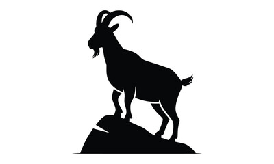 A bold silhouette of a mountain goat standing proudly on a rocky peak, featuring strong horns and a dynamic, confident pose. Ideal for outdoor, wildlife, and adventure-themed designs.