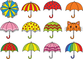Umbrella illustration collection, colorful umbrella, patterned umbrella, decorative umbrella, vector design, rain protection, fashion accessory, summer, spring, monsoon, waterproof, parasol, stripe,