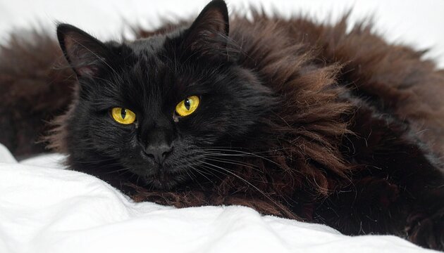 Long-Haired Black Cat with Yellow Eyes Resting on White Surface in Bright Minimalist Setting - Powered by Adobe
