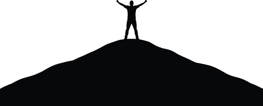 Victory silhouette, mountain peak triumph, success achievement, person celebrating, outdoor adventure, freedom spirit, motivational concept, winner pose, inspirational landscape, goal accomplished - Powered by Adobe