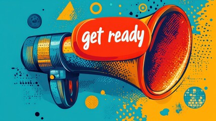 A bold megaphone displays a message to prepare for an upcoming event in a lively scene