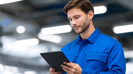 A man in a blue work shirt focuses on his tablet. He appears engaged in technology. The setting is modern and clean. This image reflects professionalism and innovation in a workplace. AI