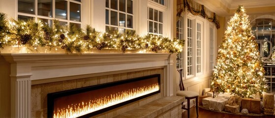 Fototapeta premium A tall evergreen tree shines with warm lights, enhancing the cozy feel of the modern living room decorated for the festive season