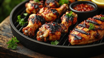 Juicy marinated chicken pieces cooking on a grill, sharing flavors in the warm sun