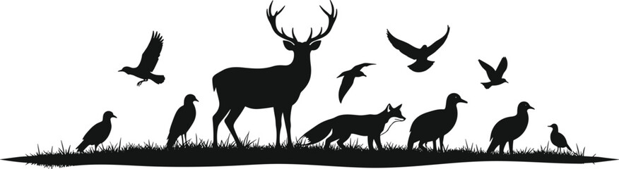 Wildlife silhouette illustration, deer with antlers, fox vector, flying birds, vultures, grassy terrain, nature ecosystem, animal scene, forest, outdoor