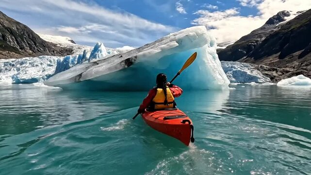A solo kayaker fearlessly explores icy waters, gracefully navigating a kayak past a majestic glacier. The scene exudes a sense of serene adventure and the raw beauty of nature.