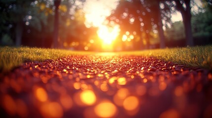 Soft sunset light casts a warm glow on a winding path surrounded by lush greenery