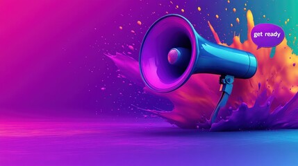 A megaphone emits energy in a burst of colorful splashes, inviting action and excitement
