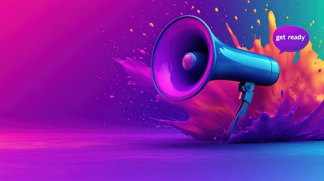 A megaphone emits energy in a burst of colorful splashes, inviting action and excitement