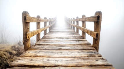 Obraz premium A rustic wooden bridge stretches ahead through dense fog, creating a tranquil atmosphere